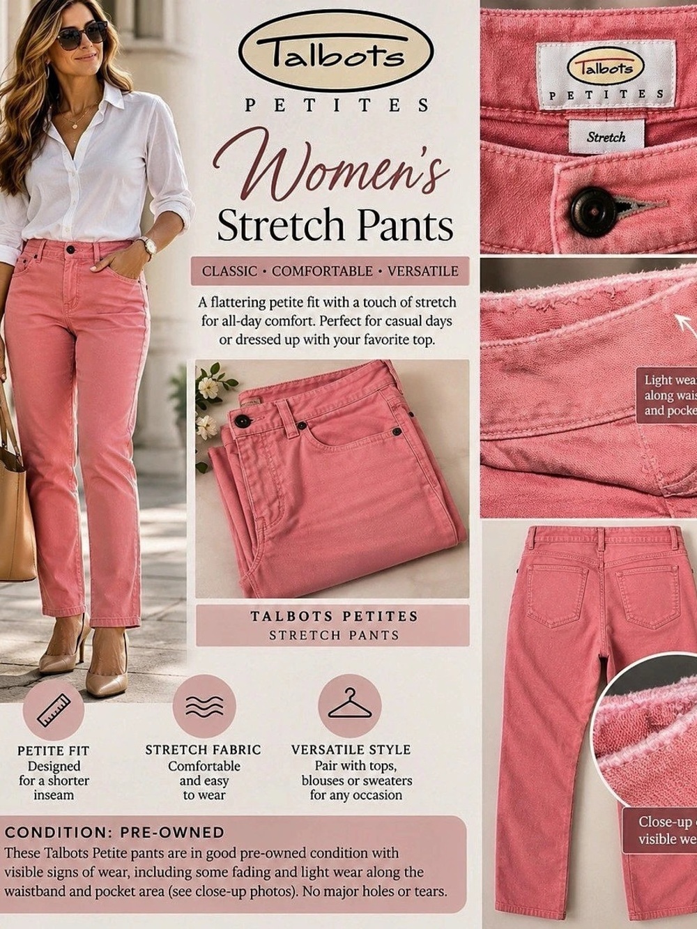 Talbots Stretch Pants Petite Straight-Leg Pants in Pink size 8